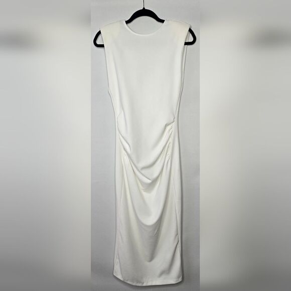 NWT Women's White Zara Padded Shoulder Midi Dress w/ Ruching V Back Size Small - Picture 1 of 10